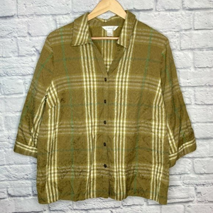 CJ Banks‎ 1X Green Woven Plaid Cotton Blend Button Down Shirt Top Blouse Plus